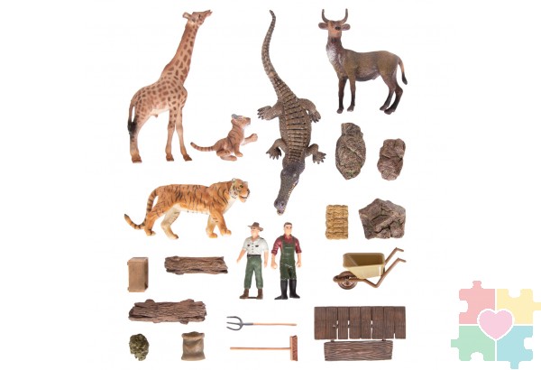 Набор фигурок животных cерии "На ферме": Ферма игрушка, жираф, тигры, крокодил, антилопа, фермеры, инвентарь -21 предмет