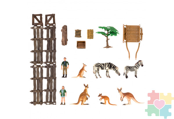 Набор фигурок животных серии "На ферме": Ферма игрушка, кенгуру, зебры, фермеры, инвентарь - 16 предметов