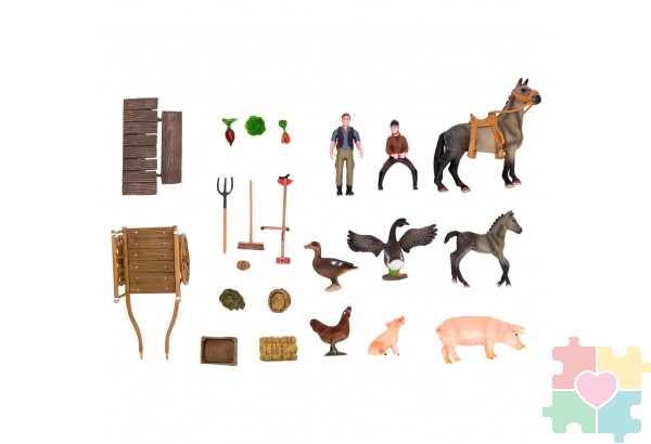 Набор фигурок животных серии "На ферме": Ферма игрушка, 24 фигурки домашних животных (лошади, свиньи) и птиц, фермеров и инвентаря
