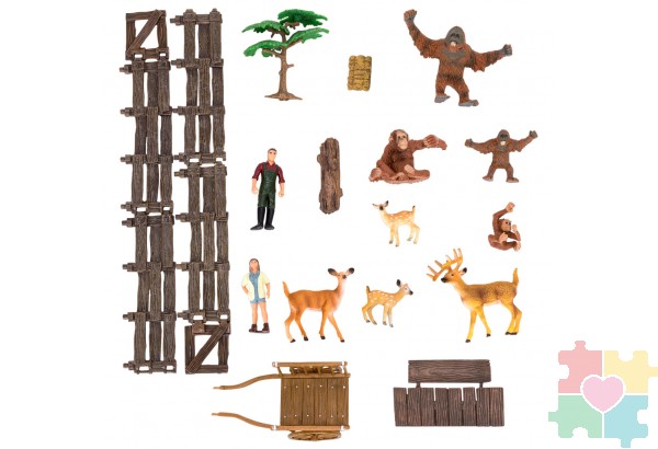 Набор фигурок животных серии "На ферме": Ферма игрушка, олени, обезьяны, фермеры, инвентарь - 17 предметов
