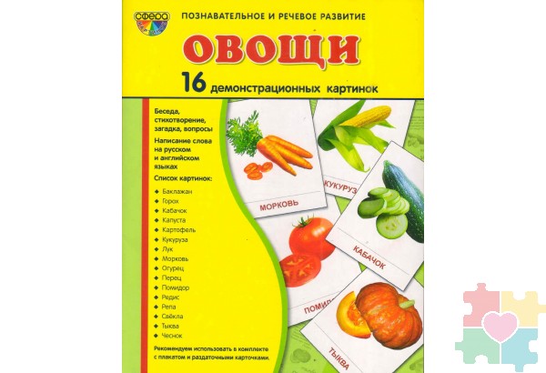 Демонстрационные карточки "Овощи" (размер большой,16 штук)