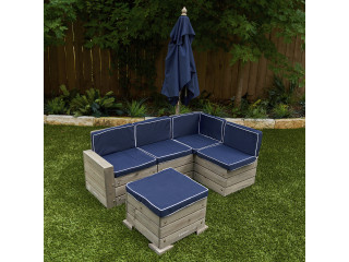 Набор садовой мебели для детей (секционный диван, пуф-стол, зонт), серо-синий