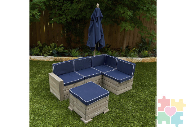 Набор садовой мебели для детей (секционный диван, пуф-стол, зонт), серо-синий