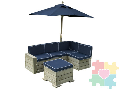 Набор садовой мебели для детей (секционный диван, пуф-стол, зонт), серо-синий
