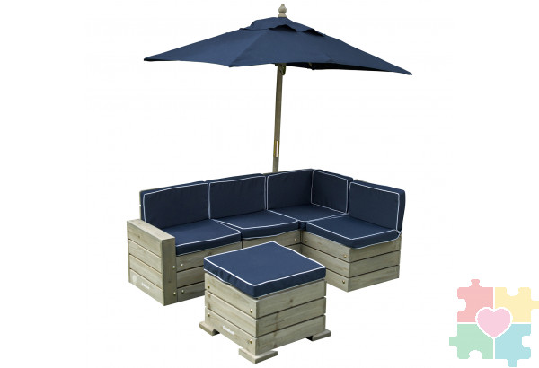 Набор садовой мебели для детей (секционный диван, пуф-стол, зонт), серо-синий