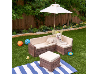 Набор садовой мебели для детей (секционный диван, пуф-стол, зонт), бежево-коричневый