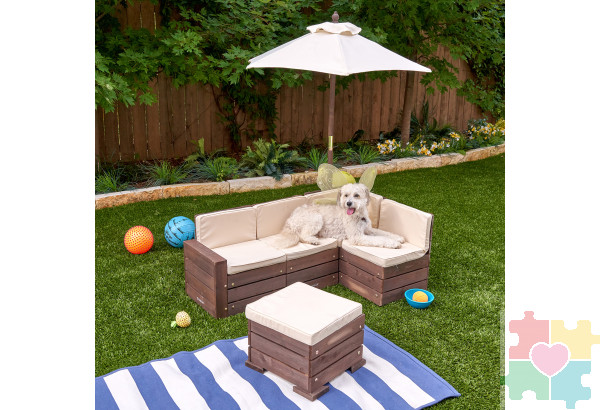 Набор садовой мебели для детей (секционный диван, пуф-стол, зонт), бежево-коричневый