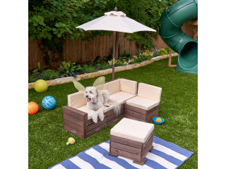 Набор садовой мебели для детей (секционный диван, пуф-стол, зонт), бежево-коричневый