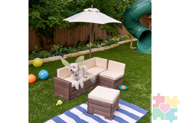 Набор садовой мебели для детей (секционный диван, пуф-стол, зонт), бежево-коричневый
