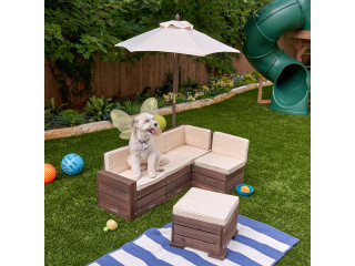 Набор садовой мебели для детей (секционный диван, пуф-стол, зонт), бежево-коричневый