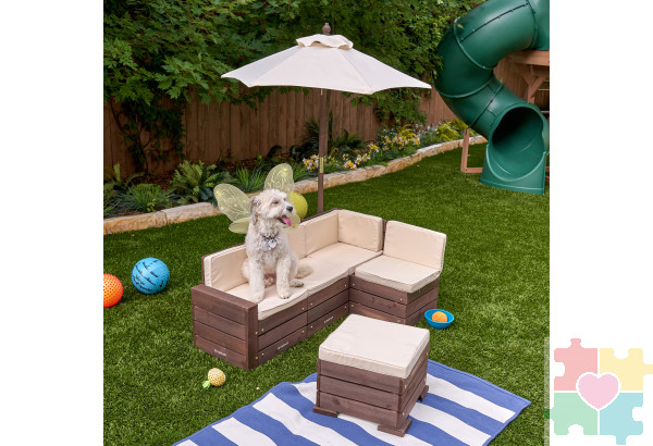 Набор садовой мебели для детей (секционный диван, пуф-стол, зонт), бежево-коричневый
