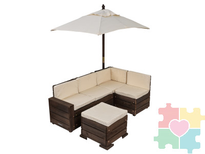 Набор садовой мебели для детей (секционный диван, пуф-стол, зонт), бежево-коричневый