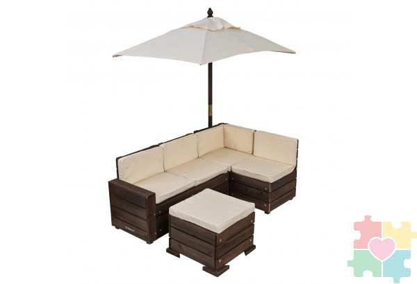 Набор садовой мебели для детей (секционный диван, пуф-стол, зонт), бежево-коричневый