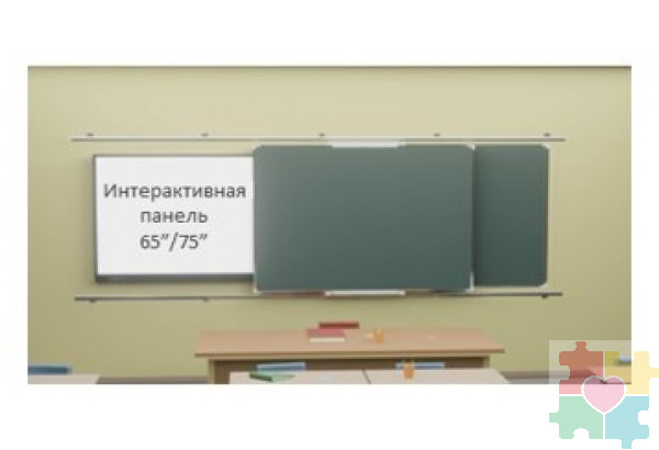Комбинированная рельсовая система с 2-мя меловыми и интерактивной панелью 75 дюймов (панель справа/слева)