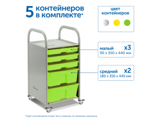 Мобильный стеллаж S с 5 контейнерами  1126х410х475 мм  3 малых, 2 средних контейнера