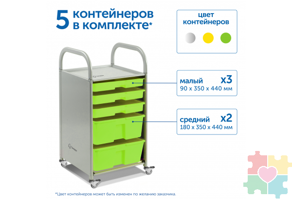 Мобильный стеллаж S с 5 контейнерами  1126х410х475 мм  3 малых, 2 средних контейнера