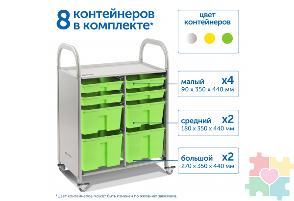 Мобильный стеллаж M с 8 контейнерами  1126х795х475 мм  4 малых, 2 средних, 2 больших контейнера