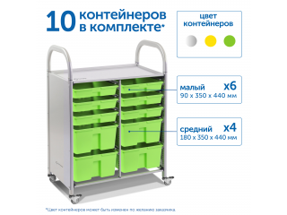 Мобильный стеллаж M с 10 контейнерами 1126х795х475 мм  6 малых, 4 средних контейнера